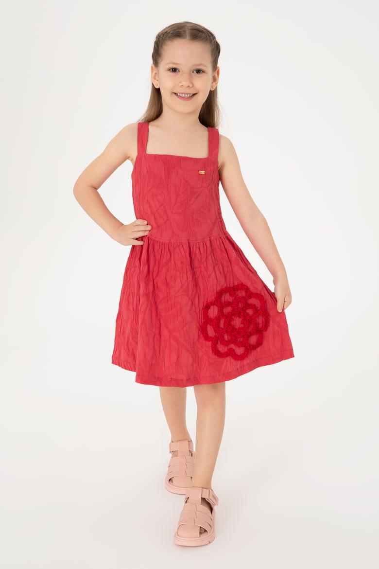 Kız Çocuk Vişne Askılı Çiçek İşlemeli Dokuma Elbise - 50308120004