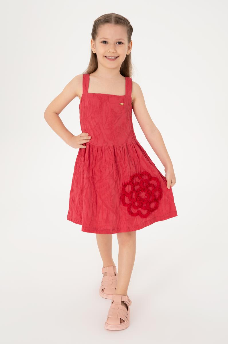 Kız Çocuk Vişne Askılı Çiçek İşlemeli Dokuma Elbise