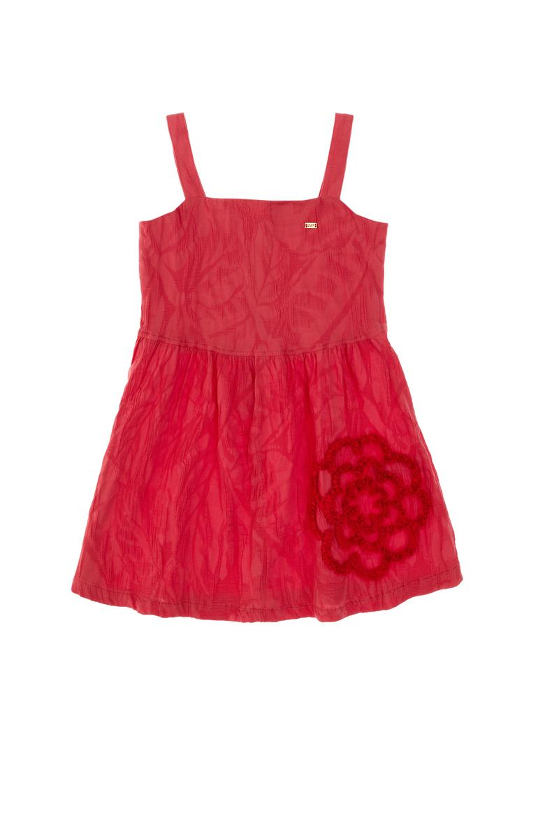 Kız Çocuk Vişne Askılı Çiçek İşlemeli Dokuma Elbise - 50308120004
