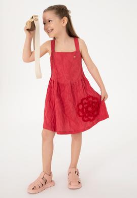 Kız Çocuk Vişne Askılı Çiçek İşlemeli Dokuma Elbise - 50308120004