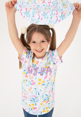 Kız Çocuk Beyaz Çiçek Baskılı Payet Detaylı Tişört - 50300964001