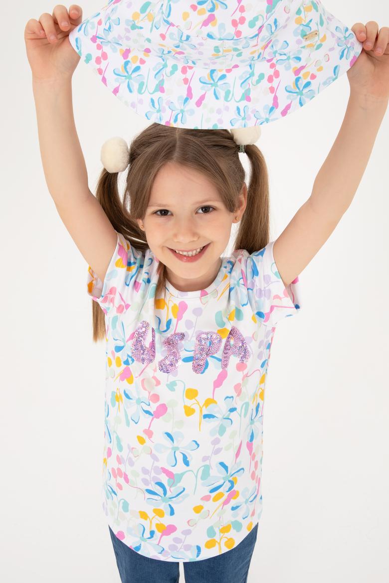 Kız Çocuk Beyaz Çiçek Baskılı Payet Detaylı Tişört - 50300964001