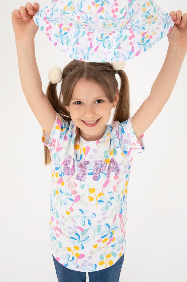 Kız Çocuk Beyaz Çiçek Baskılı Payet Detaylı Tişört