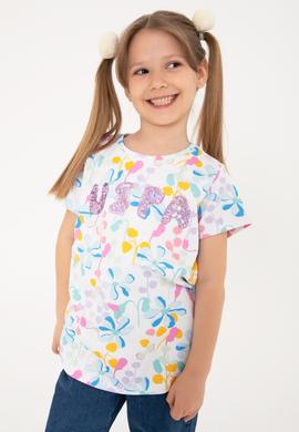 Kız Çocuk Beyaz Çiçek Baskılı Payet Detaylı Tişört - 50300964001