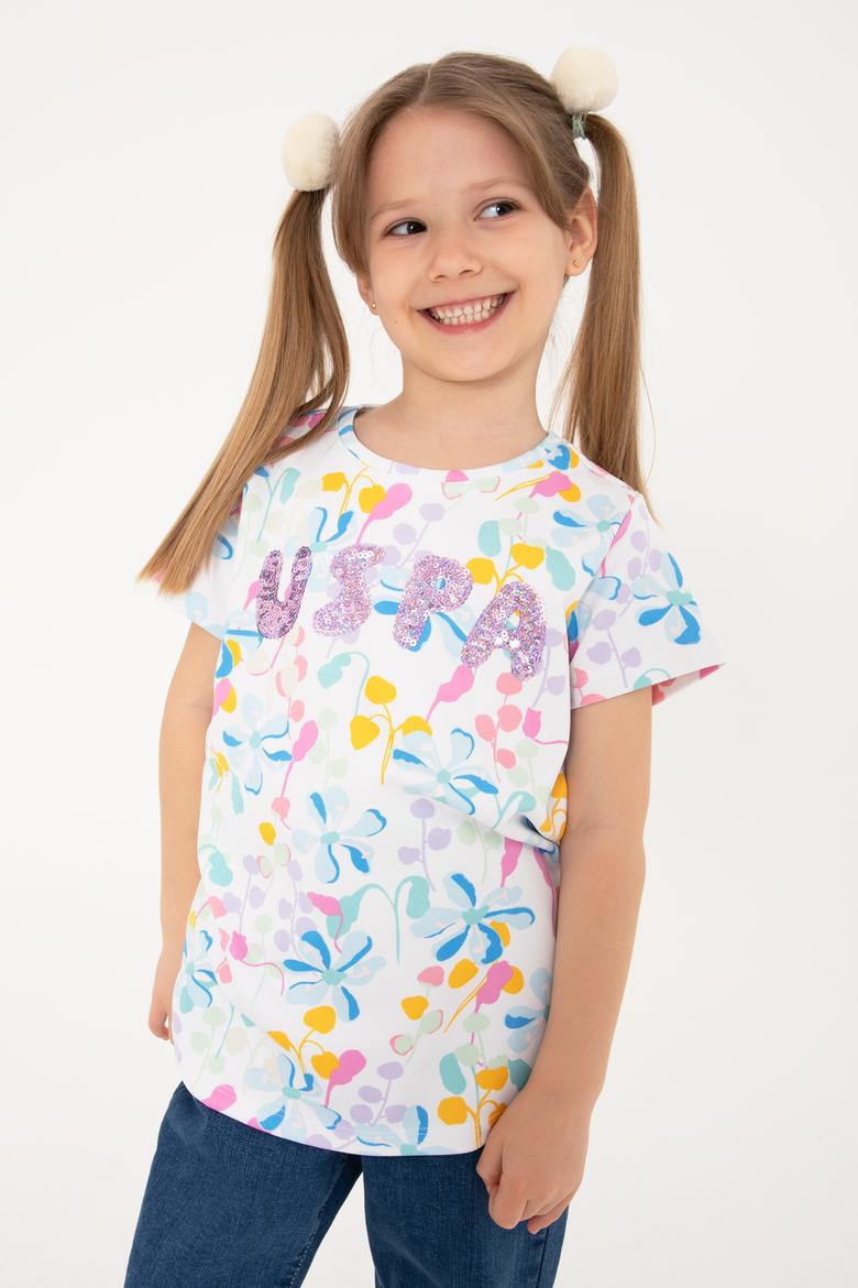 Kız Çocuk Beyaz Çiçek Baskılı Payet Detaylı Tişört