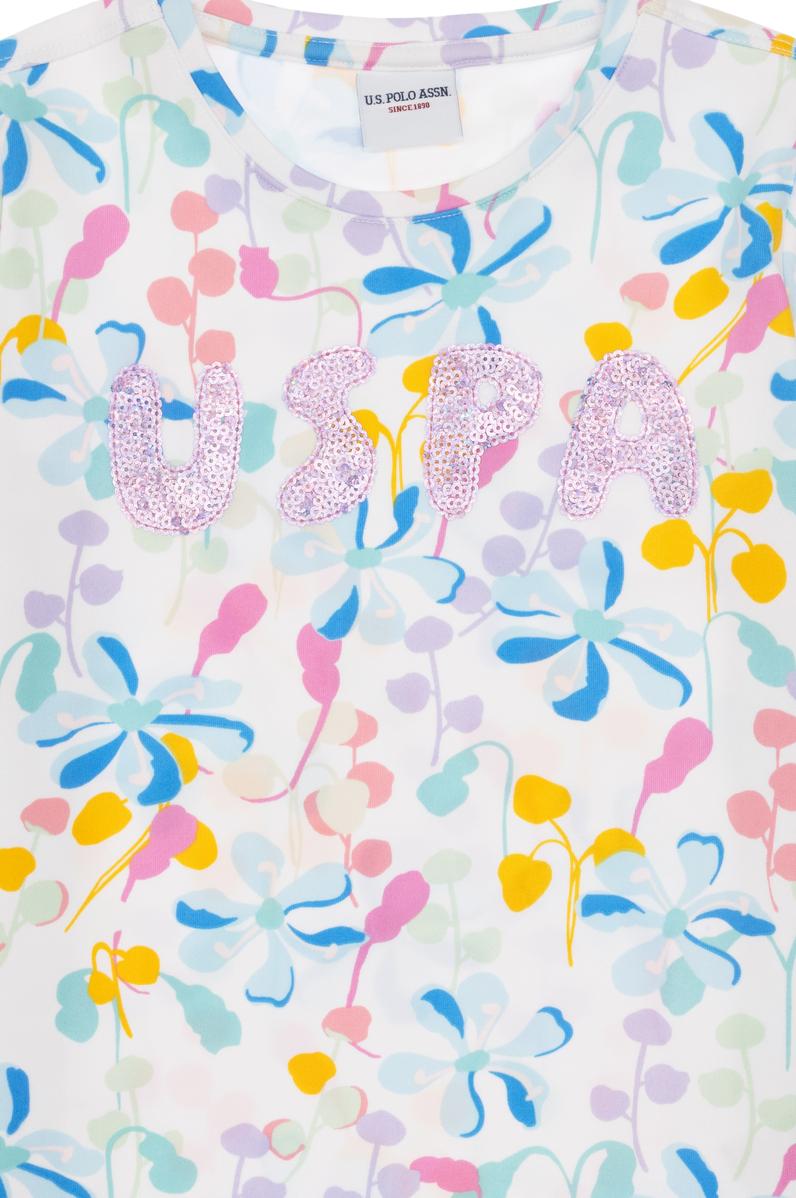 Kız Çocuk Beyaz Çiçek Baskılı Payet Detaylı Tişört