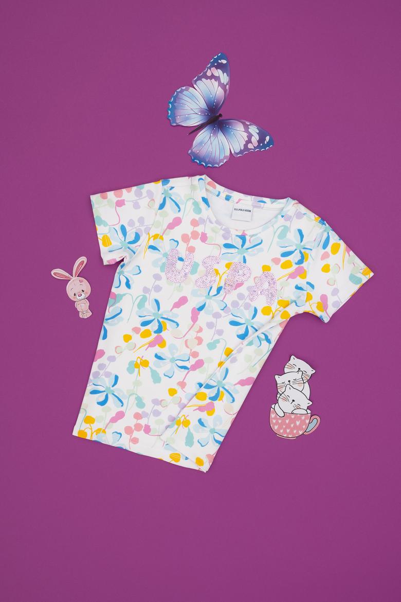 Kız Çocuk Beyaz Çiçek Baskılı Payet Detaylı Tişört - 50300964001