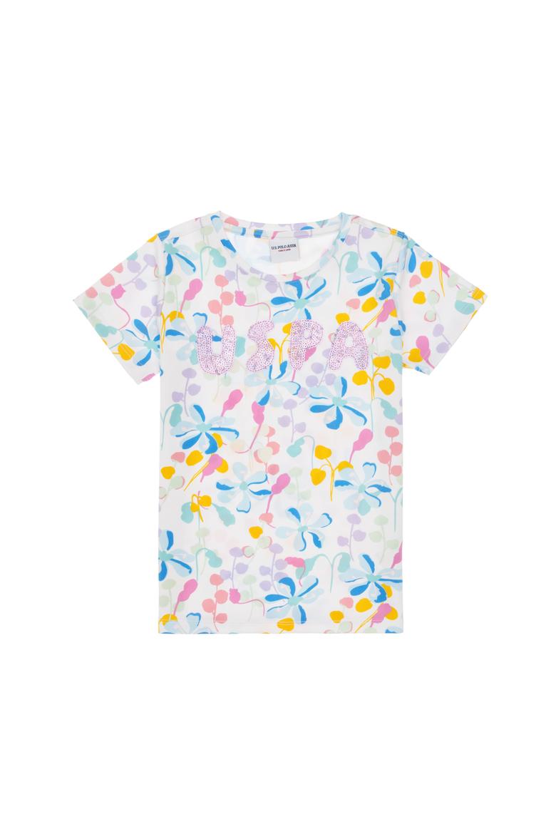 Kız Çocuk Beyaz Çiçek Baskılı Payet Detaylı Tişört - 50300964001