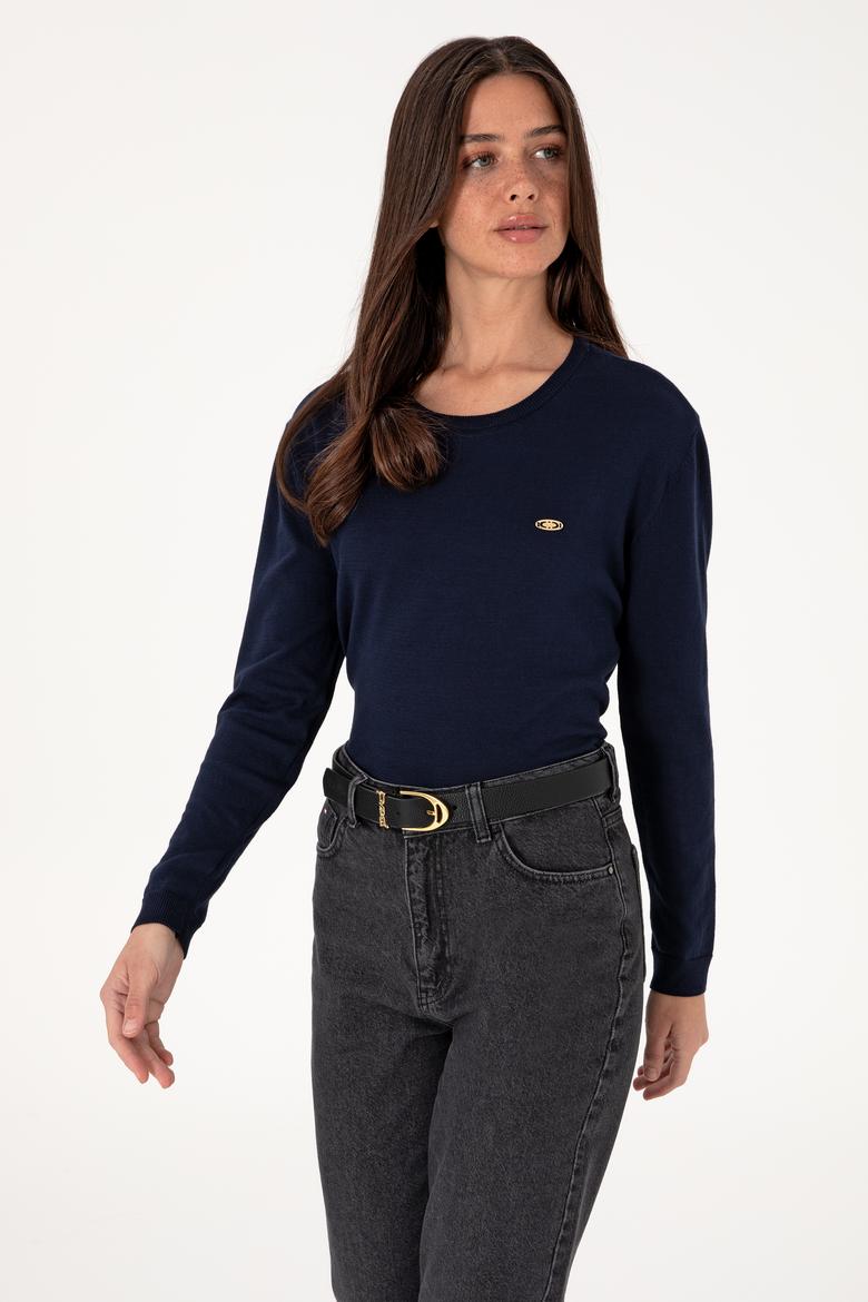 Kadın Lacivert Bisiklet Yaka Basic Kazak