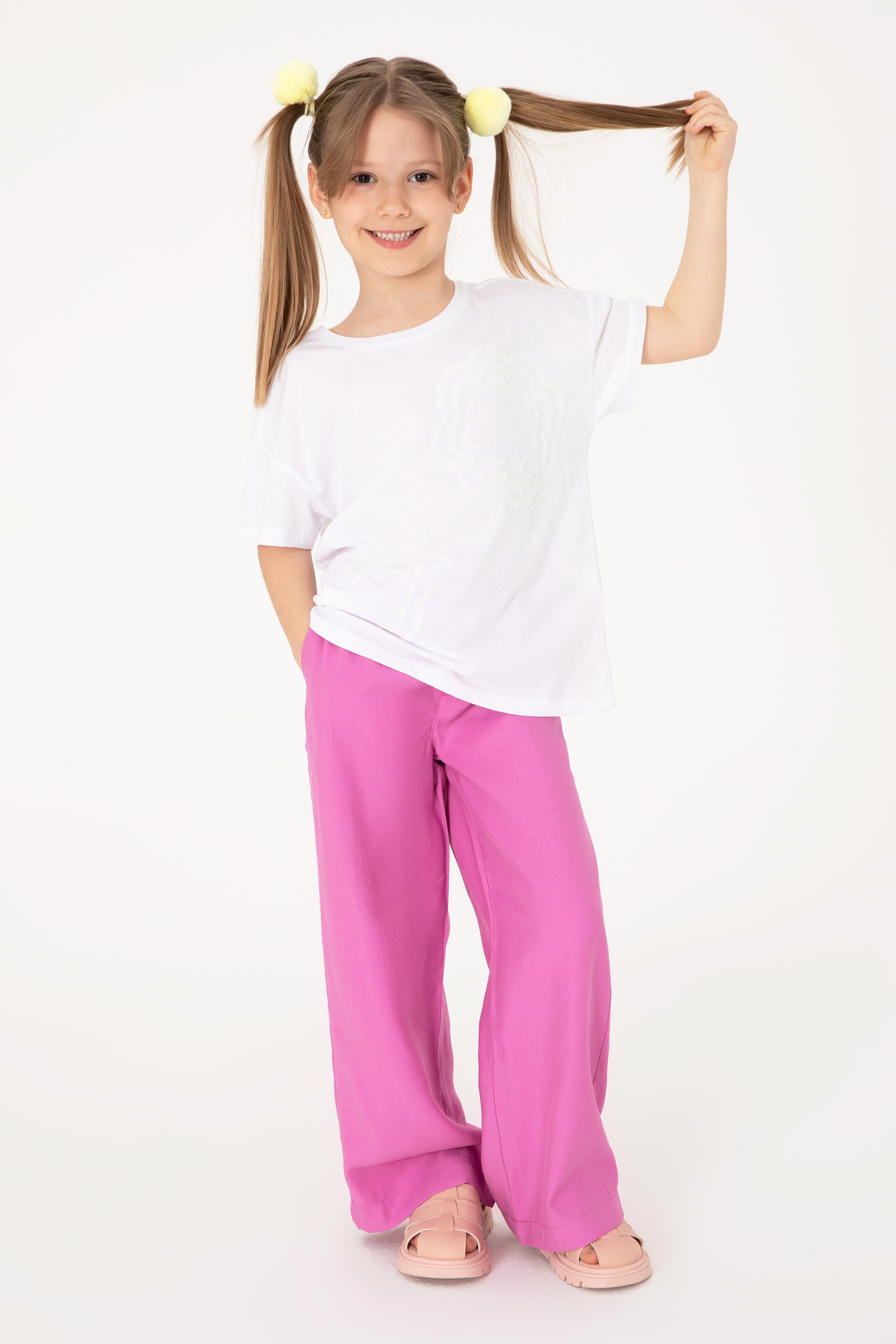 Kız Çocuk Fuşya Loose Fit Modal Karışımlı Kanvas Pantolon - Image 1