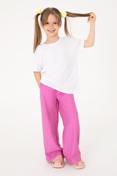 Kız Çocuk Fuşya Loose Fit Modal Karışımlı Kanvas Pantolon