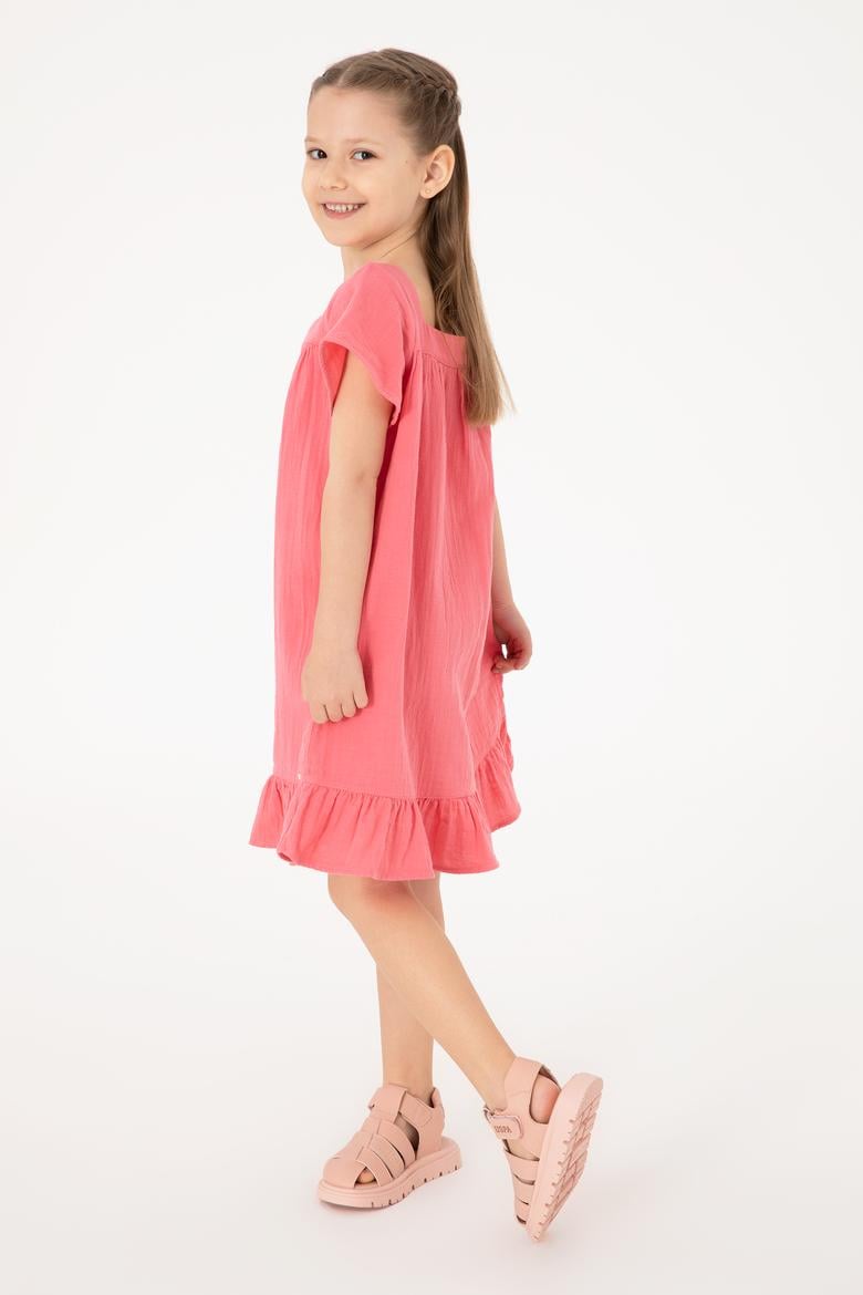 Kız Çocuk Pembe Kısa Kol Müslin Kumaş Dokuma Elbise - 50306602018
