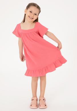 Kız Çocuk Pembe Kısa Kol Müslin Kumaş Dokuma Elbise - 50306602018