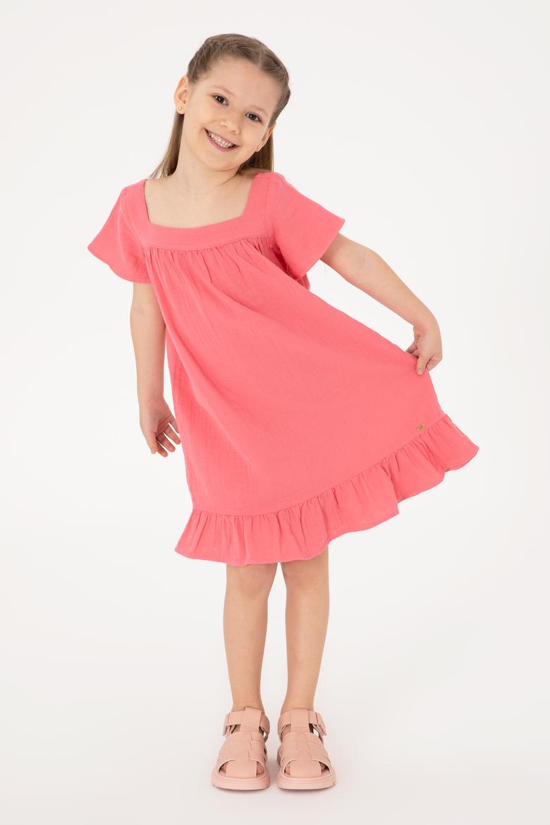 Kız Çocuk Pembe Kısa Kol Müslin Kumaş Dokuma Elbise