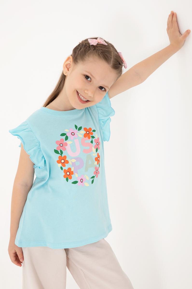 Kız Çocuk Aqua Bisiklet Yaka Pamuk Fırfırlı Çiçek Baskılı Tişört