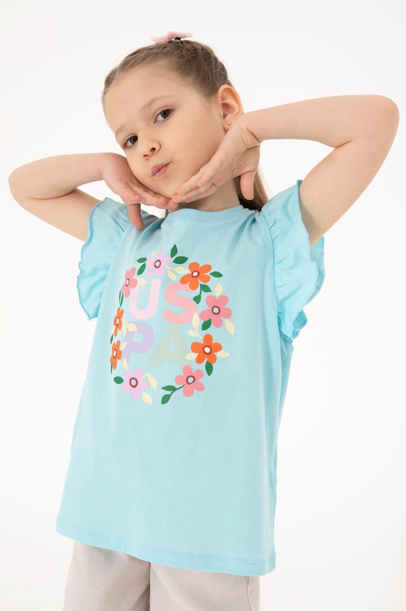 Kız Çocuk Aqua Bisiklet Yaka Pamuk Fırfırlı Çiçek Baskılı Tişört