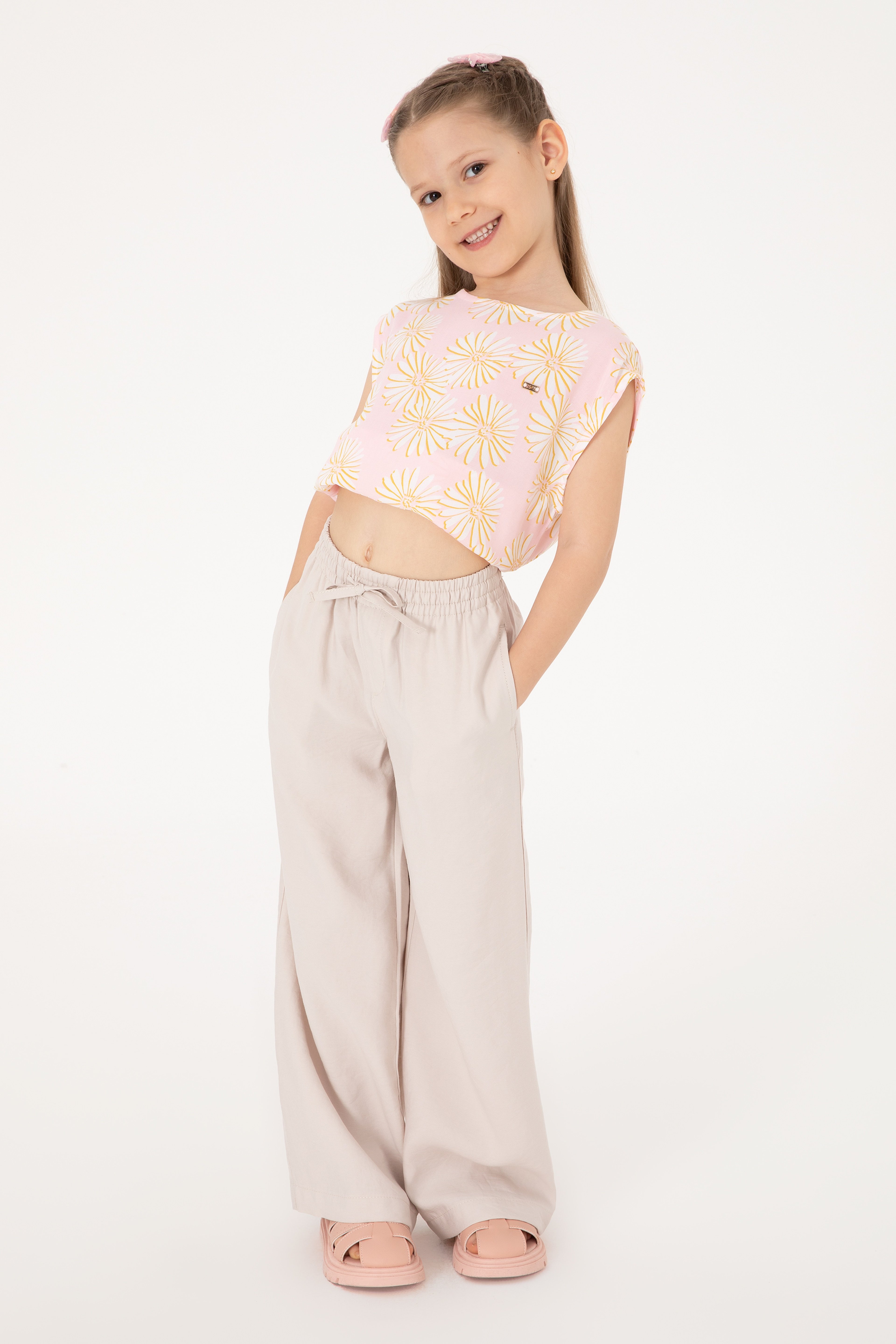 Kız Çocuk Bej Loose Fit Modal Karışımlı Kanvas Pantolon