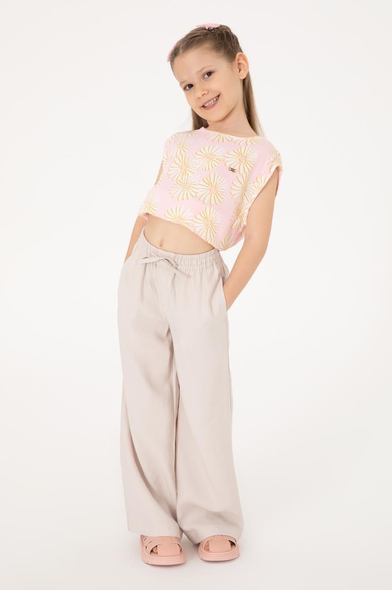 Kız Çocuk Bej Loose Fit Modal Karışımlı Kanvas Pantolon