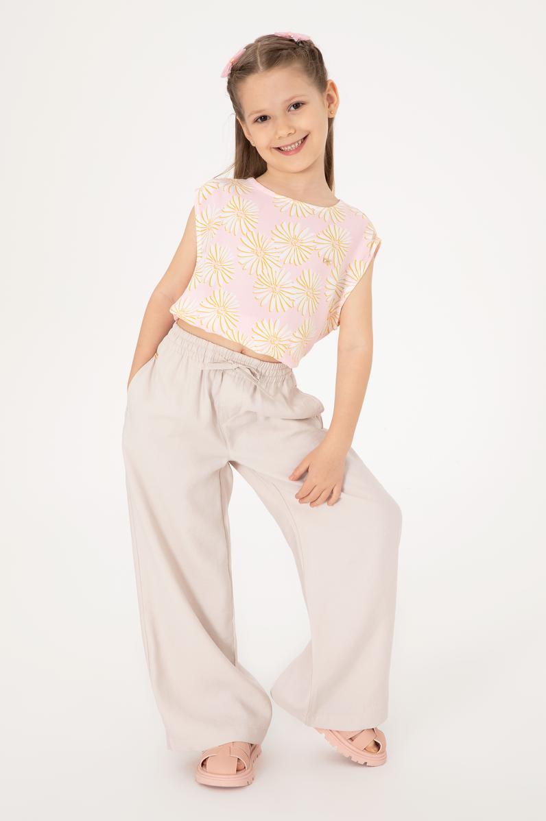 Kız Çocuk Bej Loose Fit Modal Karışımlı Kanvas Pantolon