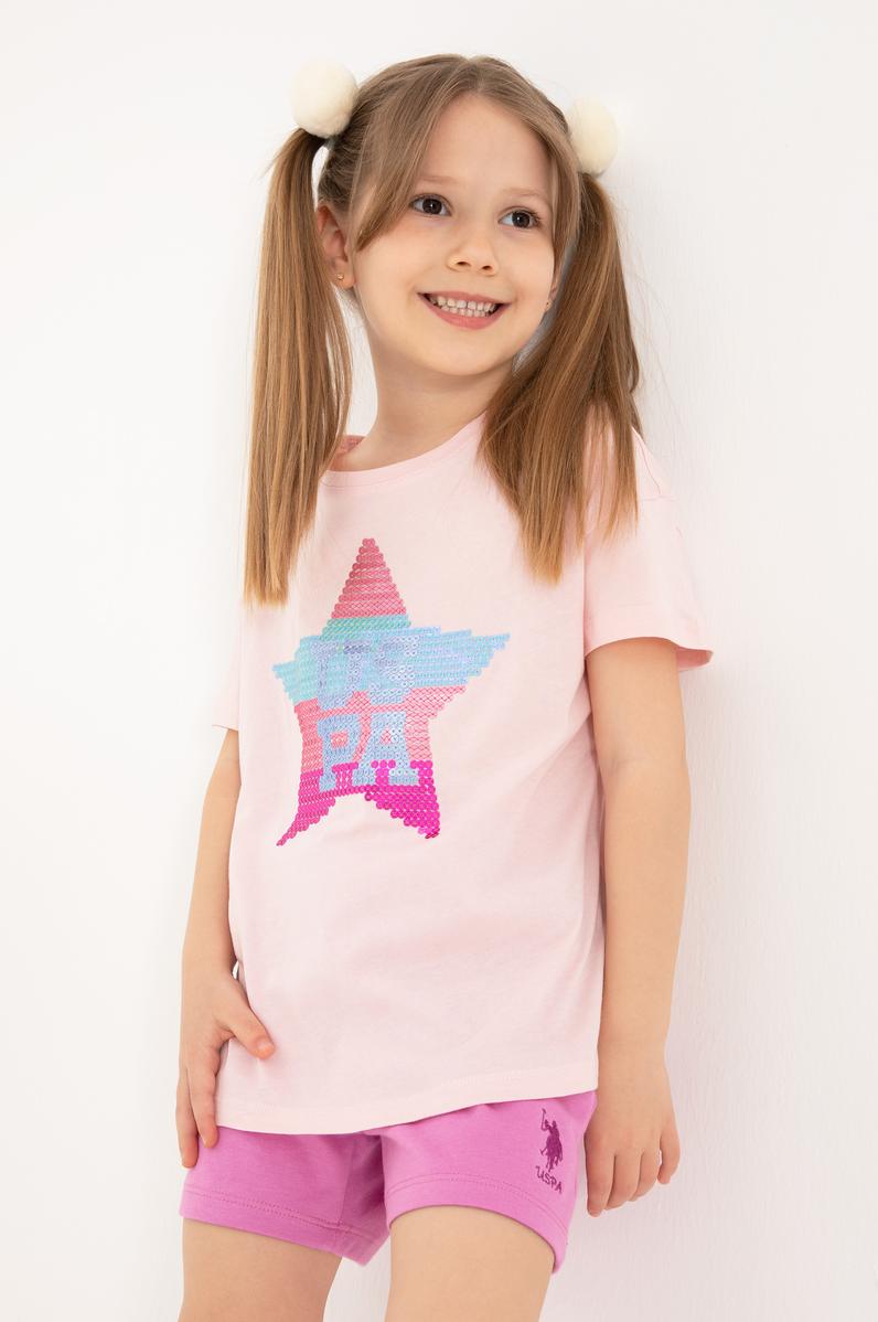 Kız Çocuk Pudra Bisiklet Yaka Pamuk Payet Yıldız Baskılı Tişört