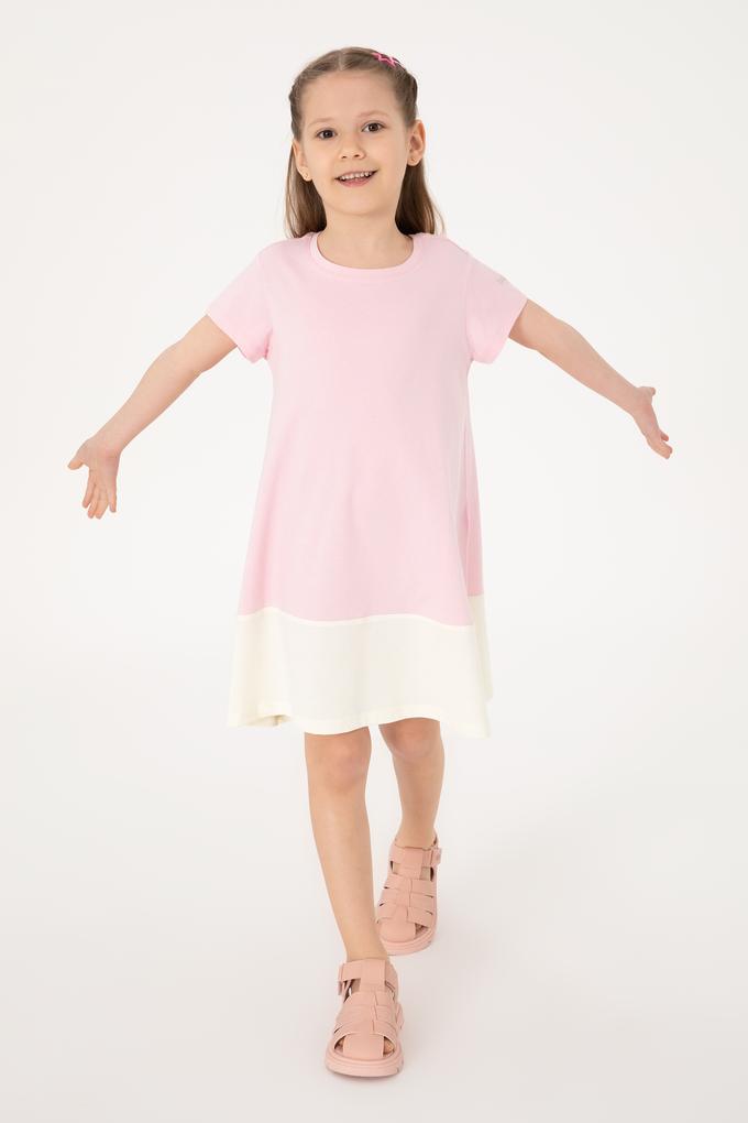 Kız Çocuk Açık Pembe Bisiklet Yaka Kısa Kol Örme Elbise