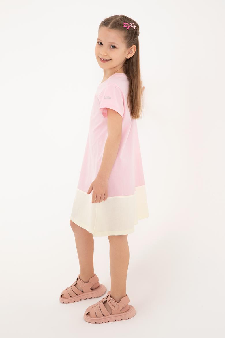 Kız Çocuk Açık Pembe Bisiklet Yaka Kısa Kol Örme Elbise - 50306268028