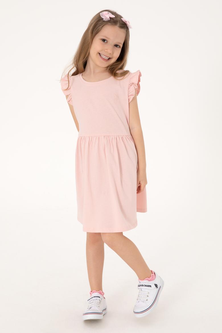Kız Çocuk Pudra Fırfır Kollu Bisiklet Yaka Pamuk Örme Elbise - 50306281007