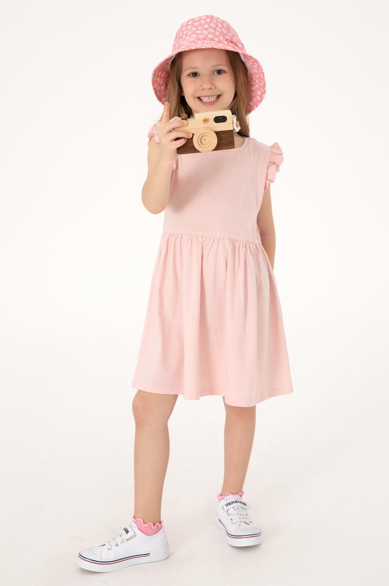 Kız Çocuk Pudra Fırfır Kollu Bisiklet Yaka Pamuk Örme Elbise