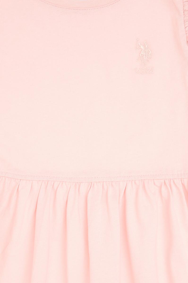 Kız Çocuk Pudra Fırfır Kollu Bisiklet Yaka Pamuk Örme Elbise