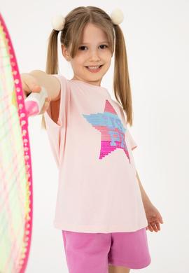 Kız Çocuk Pudra Bisiklet Yaka Pamuk Payet Yıldız Baskılı Tişört - 50306199001