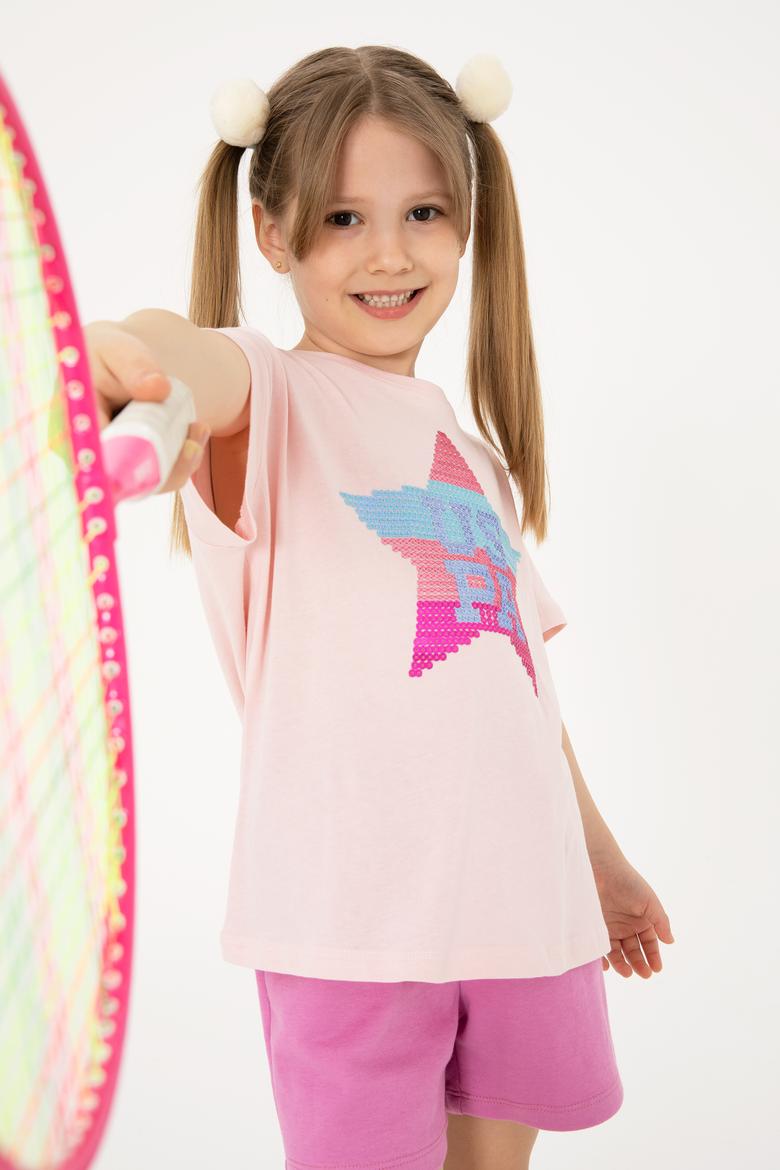 Kız Çocuk Pudra Bisiklet Yaka Pamuk Payet Yıldız Baskılı Tişört - 50306199001