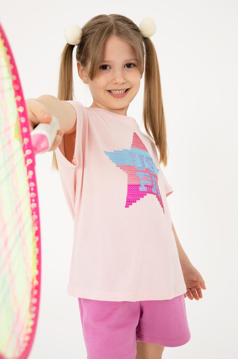 Kız Çocuk Pudra Bisiklet Yaka Pamuk Payet Yıldız Baskılı Tişört