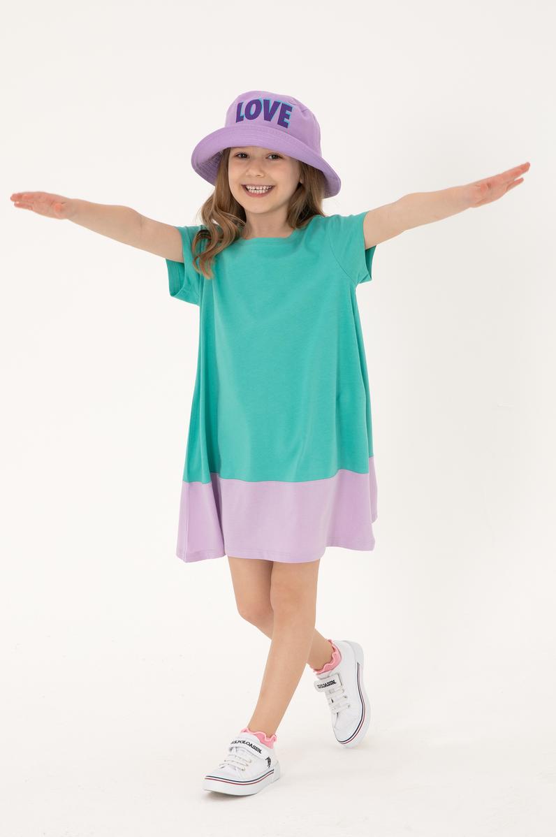 Kız Çocuk Mint Bisiklet Yaka Kısa Kol Örme Elbise