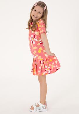 Kız Çocuk Pembe Polo Yaka Çiçek Desenli Pileli Örme Elbise - 50300956020