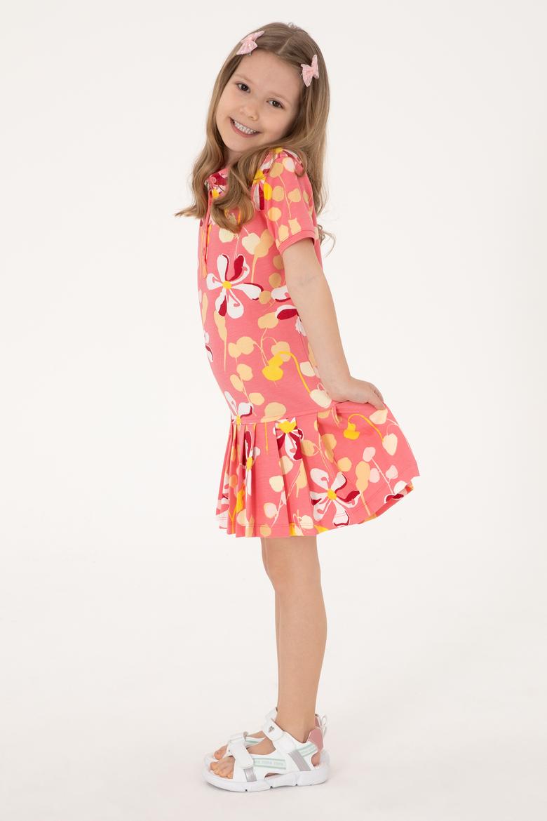 Kız Çocuk Pembe Polo Yaka Çiçek Desenli Pileli Örme Elbise - 50300956020