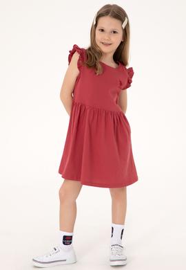 Kız Çocuk Vişne Fırfır Kollu Bisiklet Yaka Pamuk Örme Elbise - 50306281016