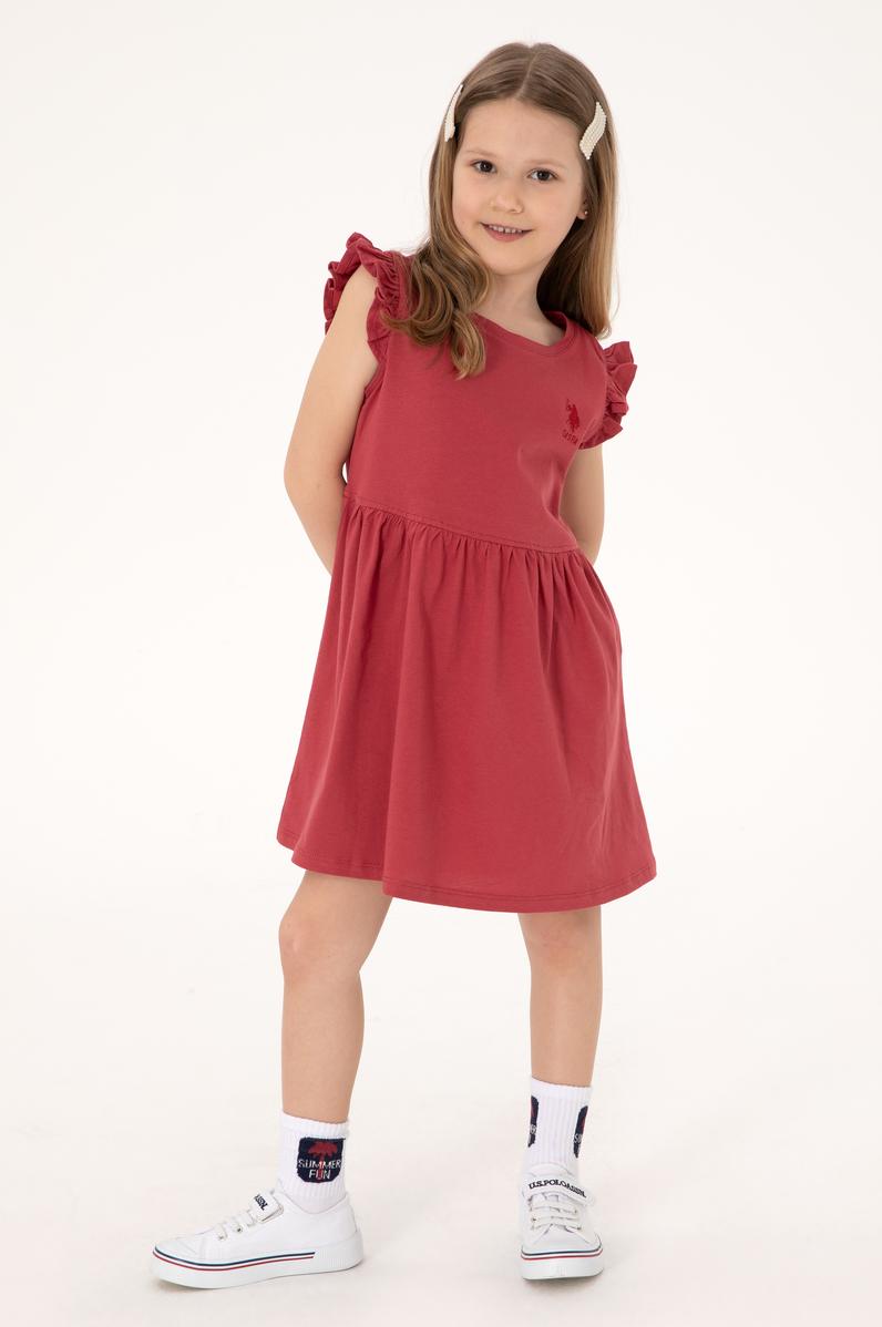 Kız Çocuk Vişne Fırfır Kollu Bisiklet Yaka Pamuk Örme Elbise