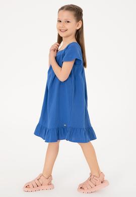 Kız Çocuk Mavi Kısa Kol Müslin Kumaş Dokuma Elbise - 50306602007