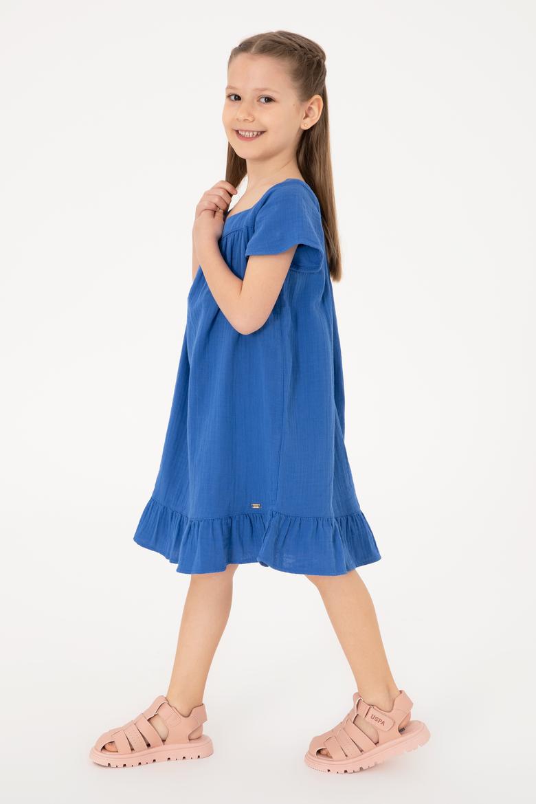Kız Çocuk Mavi Kısa Kol Müslin Kumaş Dokuma Elbise - 50306602007