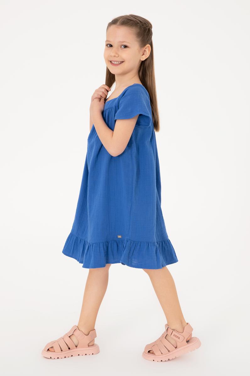 Kız Çocuk Mavi Kısa Kol Müslin Kumaş Dokuma Elbise