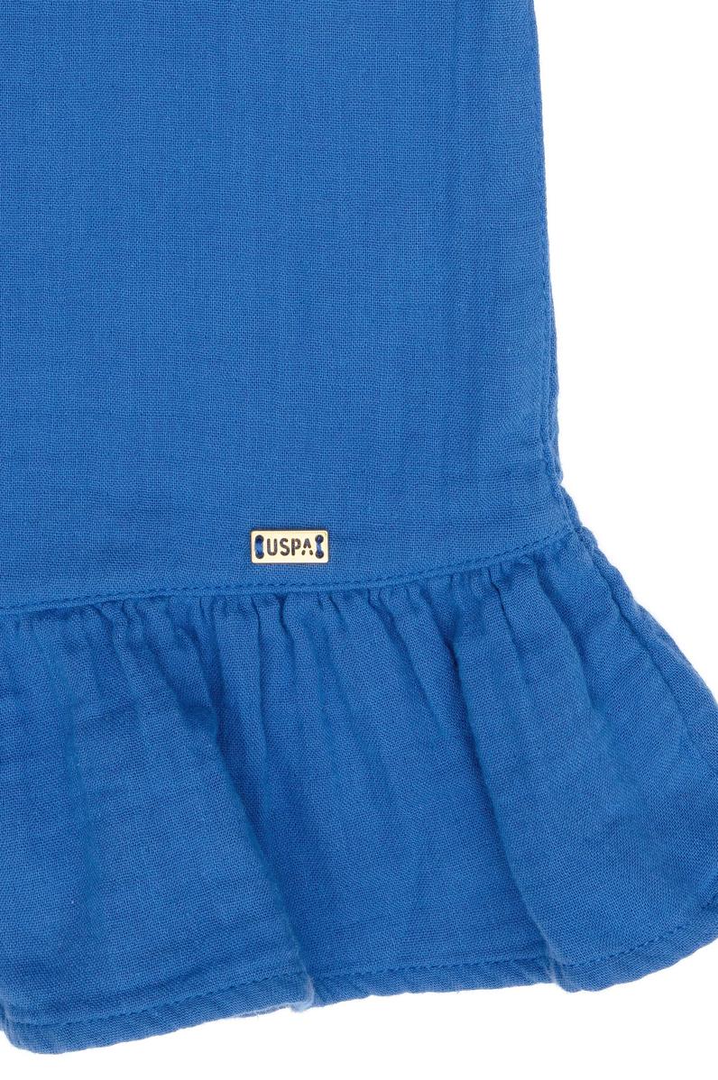 Kız Çocuk Mavi Kısa Kol Müslin Kumaş Dokuma Elbise