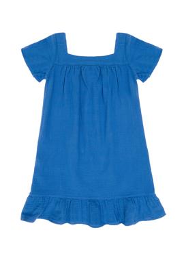 Kız Çocuk Mavi Kısa Kol Müslin Kumaş Dokuma Elbise - 50306602007