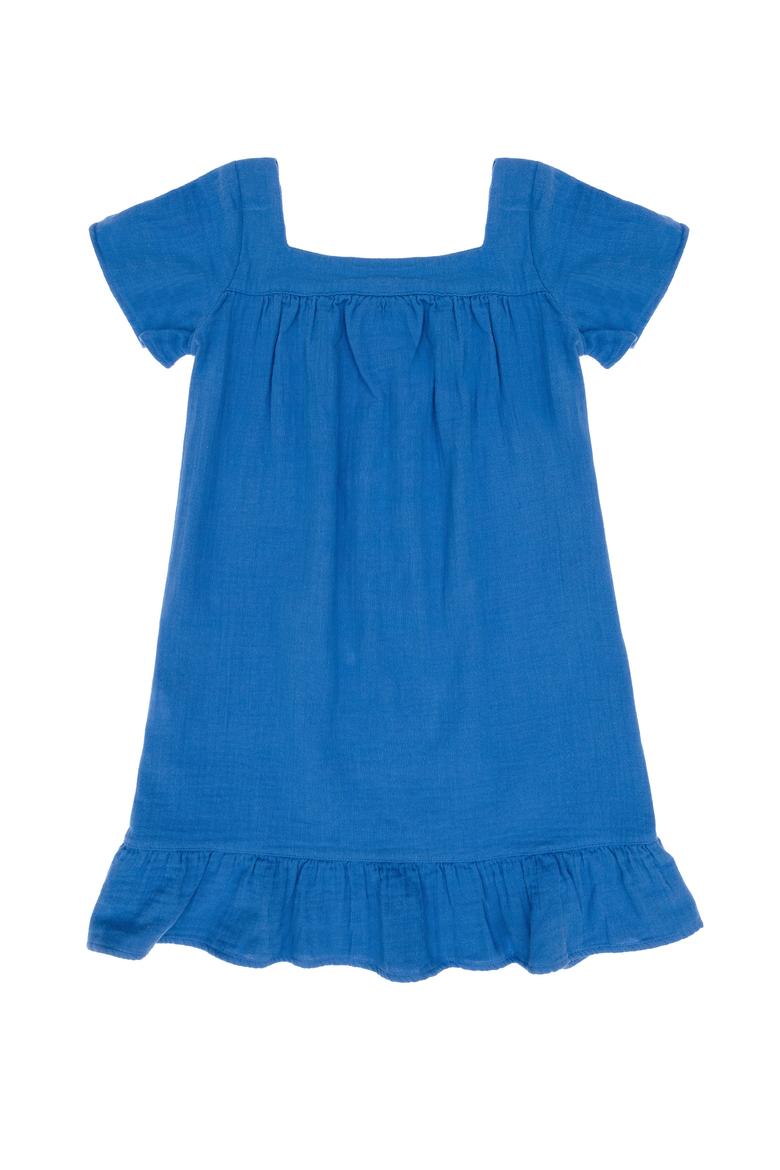Kız Çocuk Mavi Kısa Kol Müslin Kumaş Dokuma Elbise - 50306602007