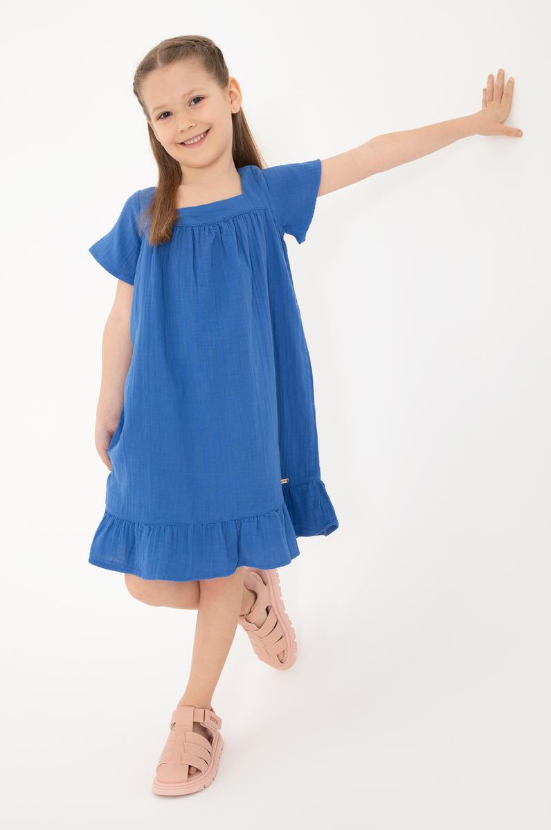 Kız Çocuk Mavi Kısa Kol Müslin Kumaş Dokuma Elbise