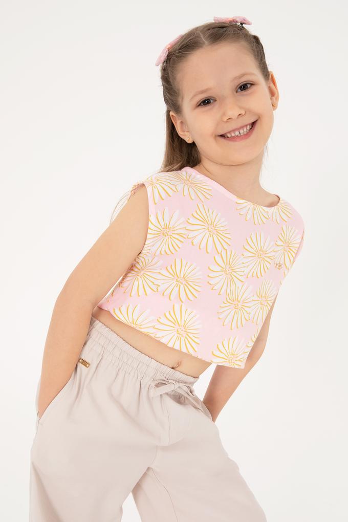 Kız Çocuk Açık Pembe Çiçek Desenli Kolsuz Gömlek