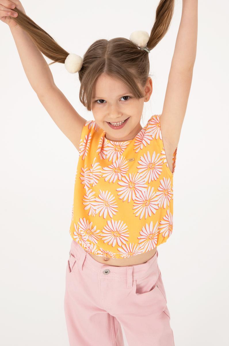 Kız Çocuk Turuncu Çiçek Desenli Kolsuz Gömlek