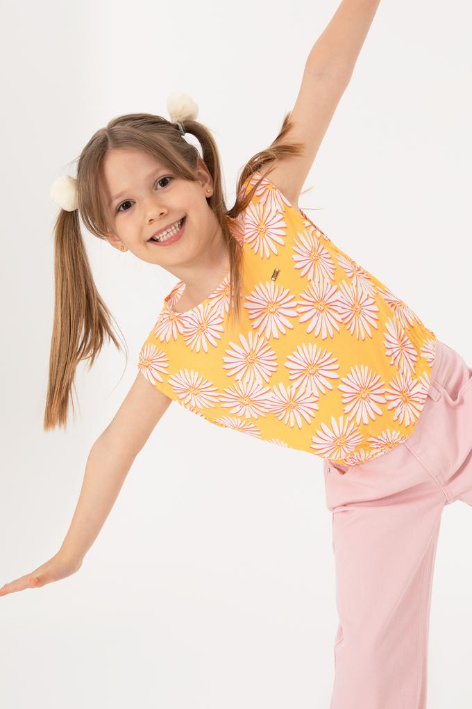 Kız Çocuk Turuncu Çiçek Desenli Kolsuz Gömlek