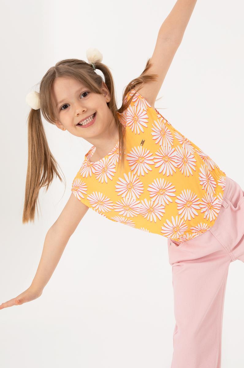 Kız Çocuk Turuncu Çiçek Desenli Kolsuz Gömlek
