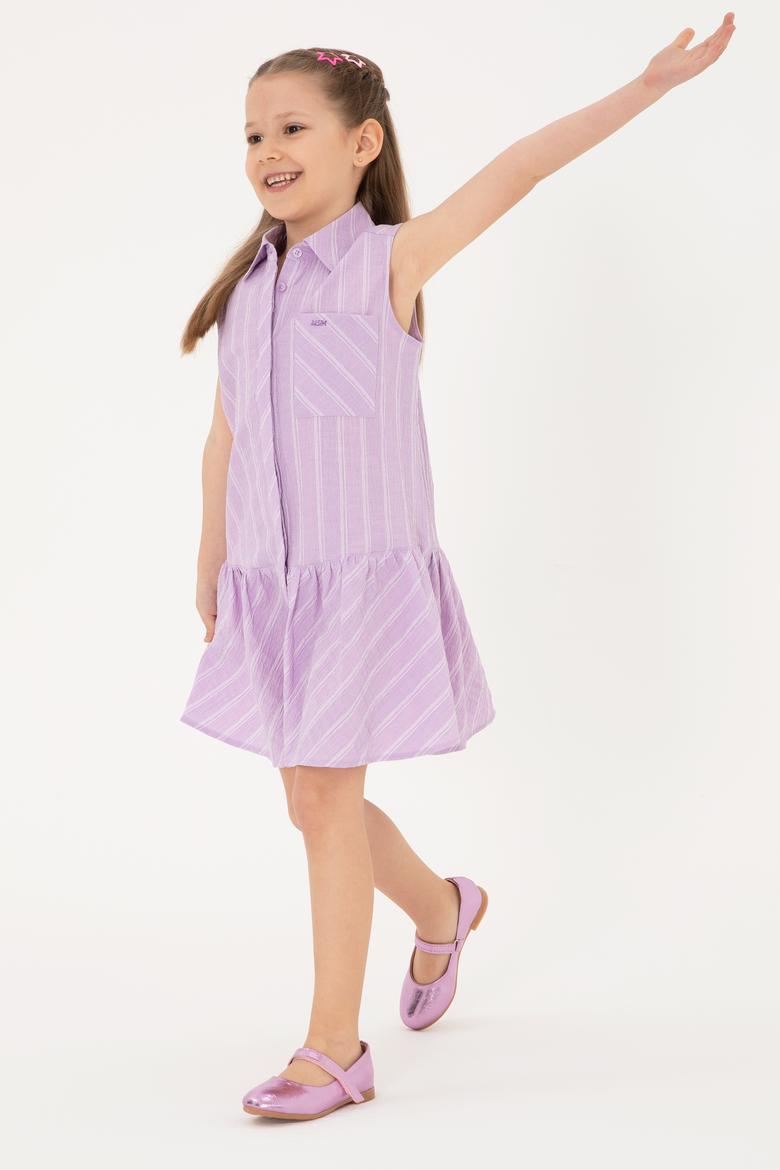 Kız Çocuk Lila Polo Yaka Kolsuz Çizgili Dokuma Elbise - 50306587013