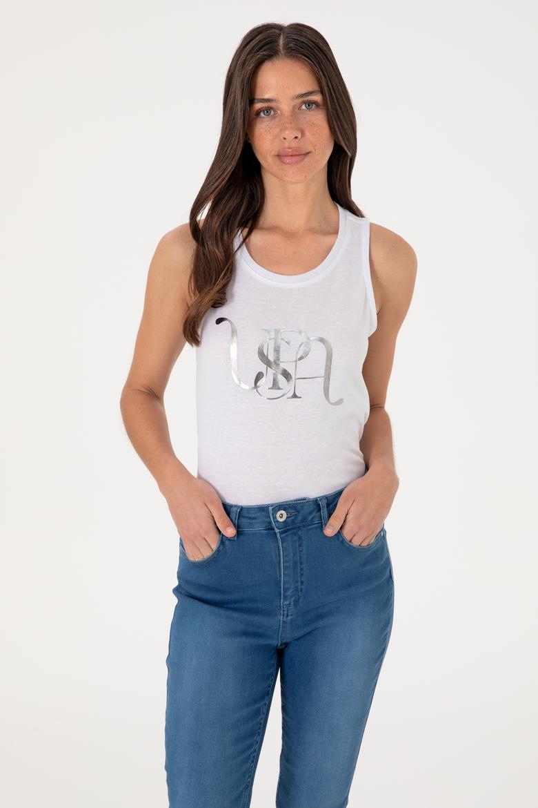 Kadın Beyaz Kolsuz Bisiklet Yaka Tişört